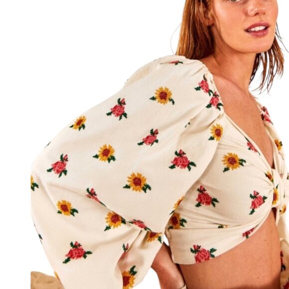 Farm Rio Floral Cross Stitch Embroidered Crop Top XS Puff Sleeves Boho - Picture 5 of 12